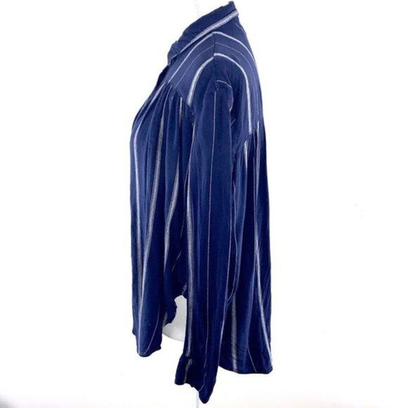 BDG URBAN OUTFITTERS Navy Stripe High Low Flannel‎ Shirt Size S White Smocked - Picture 4 of 7